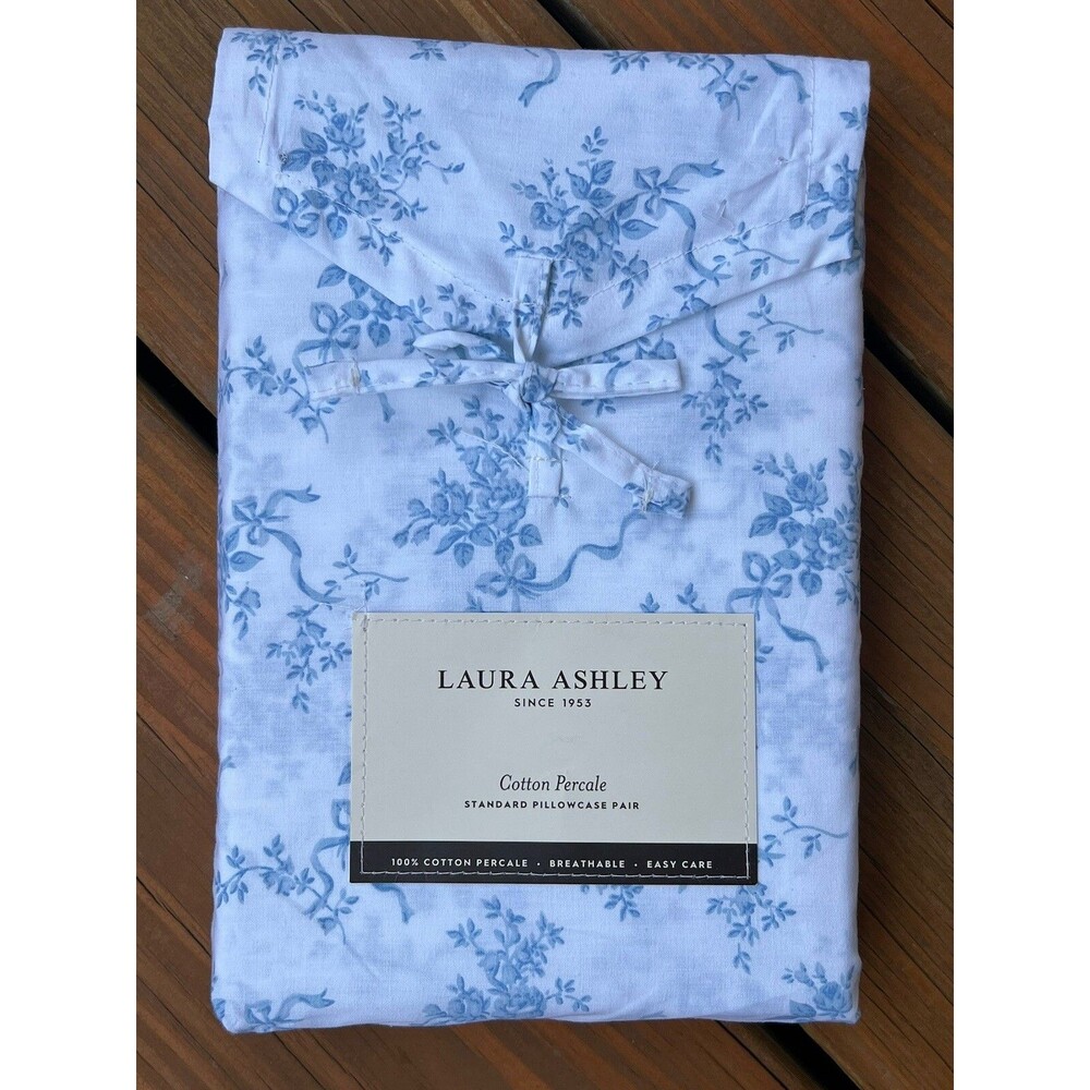 Laura Ashley Standard Pair Cotton Percale Pillowcases Bow Wrapped Blue Floral
